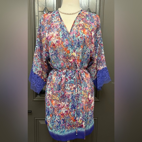 In Bloom Colorful Lace Trim Wrap Robe - Picture 1 of 11